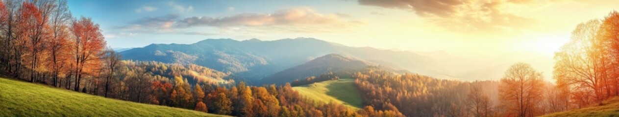 Fototapeta premium Vibrant fall landscape with colorful leaves and mountains at sunset