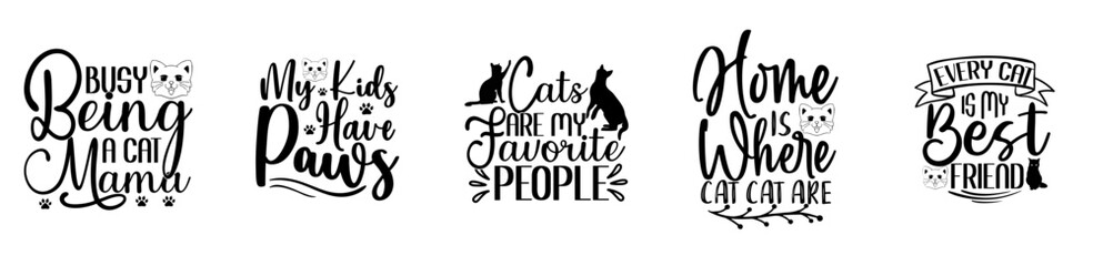 Vibrant Cat Typographic Emblems, Trendy Retro Style Illustration Set Vector Illustration for Greeting Card, Icon, Bookmark