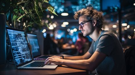 Photos of Young man programmer smiling at the camera, blurred background of monitor code, software development