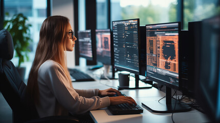 Young women Programmer develop and working with multiple monitor, displaying code and database, White modern office