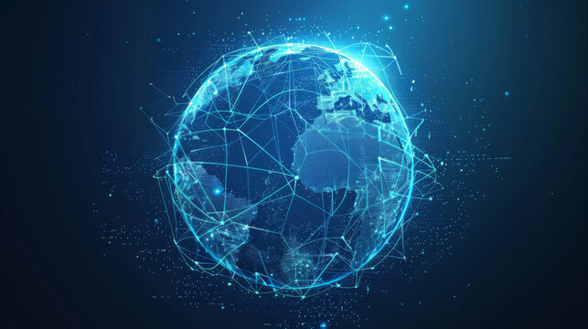 A blue globe with a network of lines surrounding it