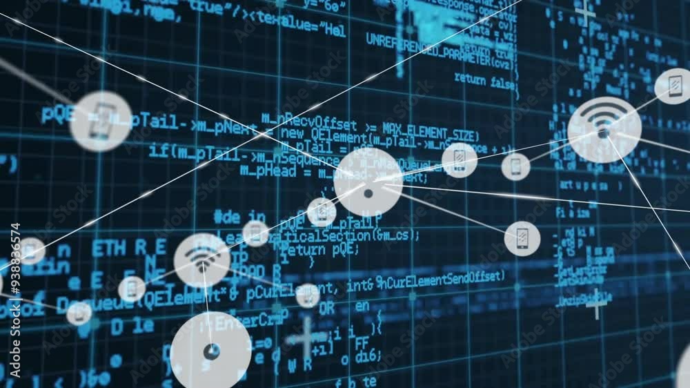Poster network of connections and data processing animation over blue grid background