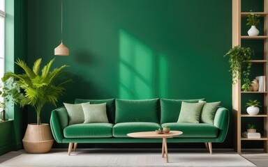 Green sofa and chair against green wall with book shelf. Scandinavian home interior design of modern living room with greenery