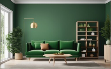 Green sofa and chair against green wall with book shelf. Scandinavian home interior design of modern living room with greenery