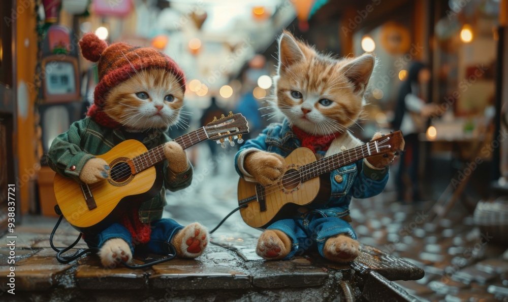 Wall mural Two cute kittens dressed in human clothes are sitting on a stone ledge and playing guitars. AI.