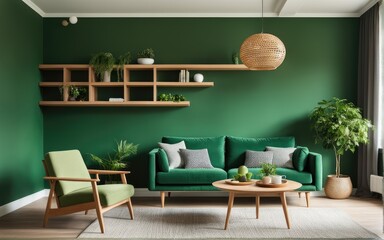 Fototapeta premium Green sofa and chair against green wall with book shelf. Scandinavian home interior design of modern living room with greenery