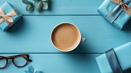 Blue flat lay with gifts and coffee features a cup, wrapped presents, tie, and glasses, perfect for Father's Day blogs, articles, and marketing materials.