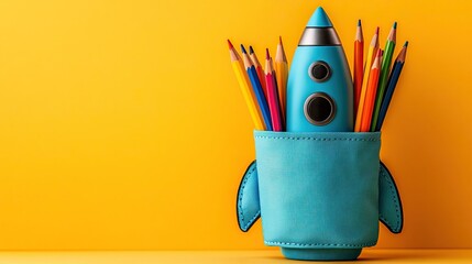 Blue rocket pencil case with colorful stationery on a bright yellow background ideal for back to school campaigns