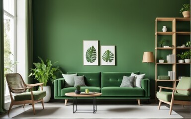 Green sofa and chair against green wall with book shelf. Scandinavian home interior design of modern living room with greenery
