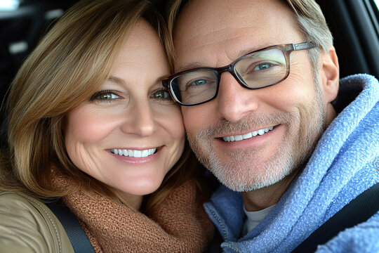 Cheerful middle-aged couple capturing a selfie inside their car, both wearing seatbelts and smiling, with the car’s interior prominently featured. - Powered by Adobe
