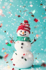 Fototapeta premium traditional real snowman on a light blue solid color background with flying red gold and green metallic confetti