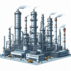 Industrial oil refinery plant at operation with towering chimneys emitting smoke