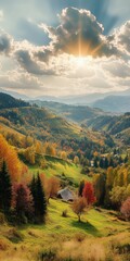 Majestic fall landscape with colorful trees and rolling hills at sunset