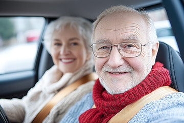 Cheerful middle-aged couple capturing a selfie inside their car, both wearing seatbelts and smiling, with the car’s interior prominently featured.