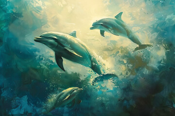 Fototapeta premium A pod of dolphins jumping out of the ocean, splashing water, clear blue sea, dynamic and lively 