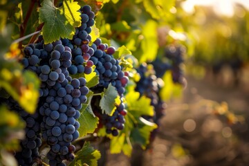 Naklejka premium Beautiful sunset landscape view of grape plantations, wine business concept
