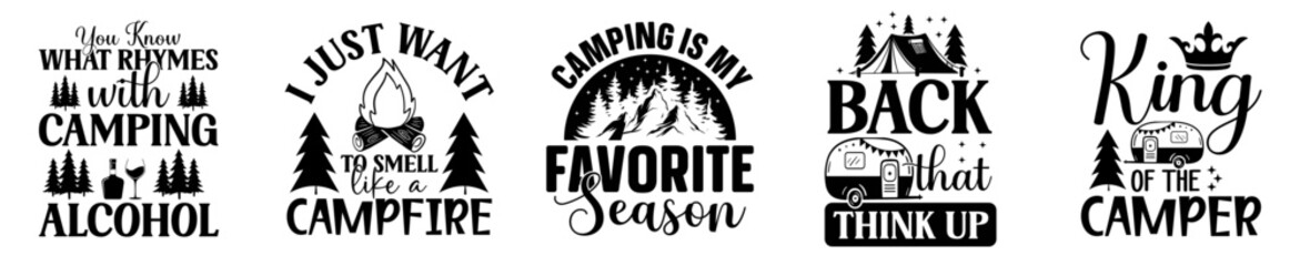 Minimal Camping Invitation, Typographic Emblems Pack Vector Illustration for Bookmark, Mug Design, Advertising