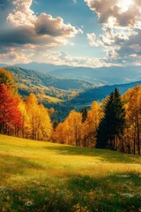 Fototapeta premium Vibrant fall landscape in the mountains with colorful trees and clear skies