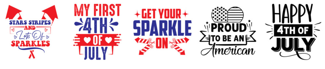 Cute 4Th Of July Typographic Emblems, Calligraphic Lettering Set Vector Illustration for Label, Flyer, Advertising