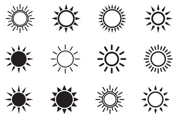 Sun icon, sun symbol isolated on white.