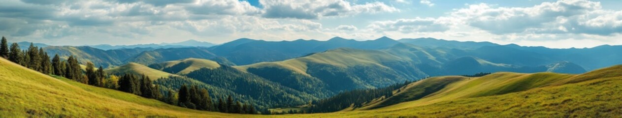 Fototapeta premium Rolling hills and a bright sky in fall's mountainous landscape