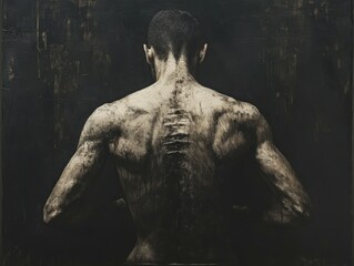 Artistic depiction of a muscular back with dramatic textures and shadows