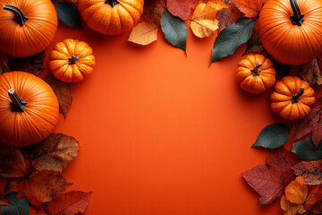 Happy Halloween flat lay mockup with pumpkins on orange background, perfect for autumn holiday concept compositions and celebrations.