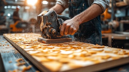 Carpenter uses an electric jigsaw to saw plywood in a workshop, highlighting the hand with the jigsaw.