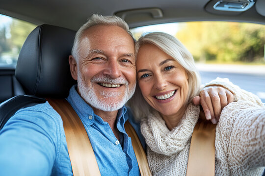 Joyful middle-aged couple in their car, taking a selfie while wearing seatbelts, with the car's interior visible and their happy expressions captured. - Powered by Adobe