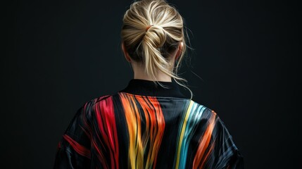 Woman wearing vibrant jacket from behind in dark studio setting