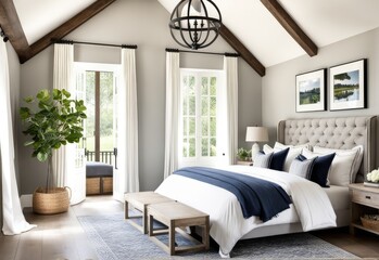 French country interior design of modern bedroom in farmhouse