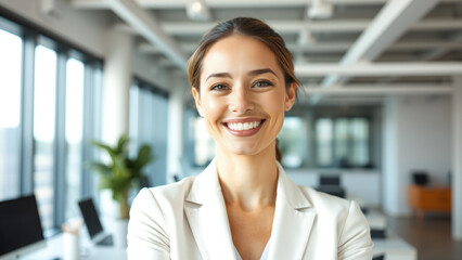 Obraz premium Portrait of a Smiling Businesswoman in a Modern Office