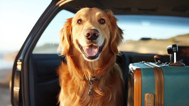 Adventurous golden retriever in a car, with luggage and travel essentials, showcasing the joy of travel and the bond between pets and owners.