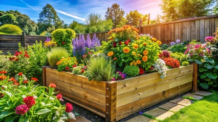 A beautifully crafted wooden raised garden bed overflowing with a vibrant mix of colorful flowers, lush greenery, and thriving vegetables in a sunny backyard oasis.
