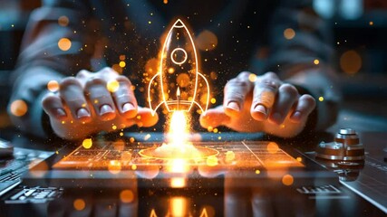 Igniting Innovation:  A glowing rocket ship launches from a digital tablet, symbolizing the transformative power of technology and entrepreneurship in the digital age.  - Powered by Adobe