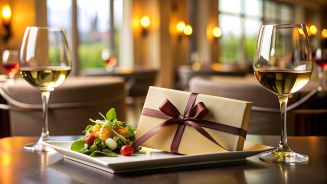 A beautifully presented gift card on a elegant tabletop, surrounded by a delicious meal and a glass of wine, conveying a sense of fine dining luxury.