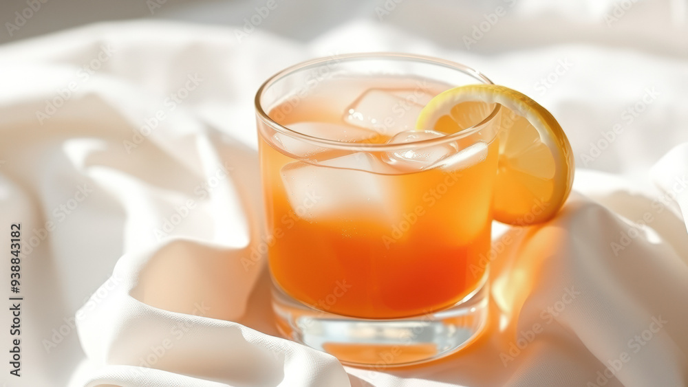 Sticker Glass of orange juice with ice and lemon slice on white fabric