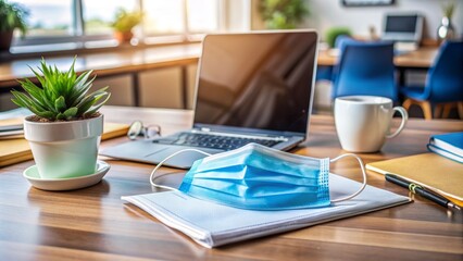 Naklejka premium A blue surgical mask lies on a cluttered office desk amidst paperwork, pens, and a laptop, highlighting the new normal in the modern workplace.