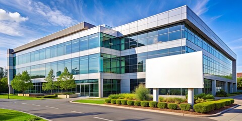 Obraz premium Corporate headquarters showcasing modern architecture with a striking facade and prominent signage