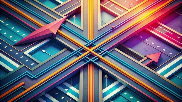 Abstract illustration of a crossroads with bright lines and arrows, symbolizing decision-making, choice, and direction in a modern, minimalist, and geometric design style.