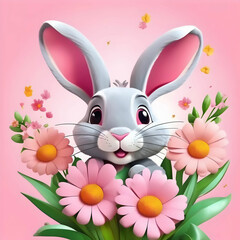 Cheerful cartoon rabbit with a large bouquet of flowers