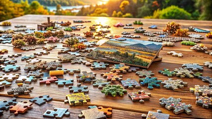 Obraz premium A challenging 1000-piece jigsaw puzzle spread out on a wooden table, with various shaped pieces scattered around, waiting to be fitted together to form a complete image.