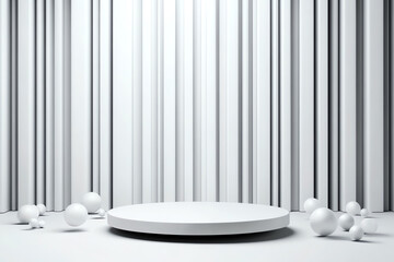Minimalist white background with a circular platform and spheres, perfect for showcasing products or creative displays.