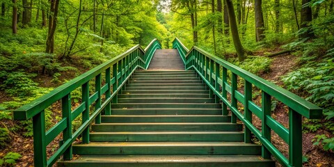 Obraz premium A long descending staircase surrounded by a green wooden railing leading into a lush forest path