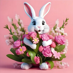 Cheerful cartoon rabbit with a large bouquet of flowers