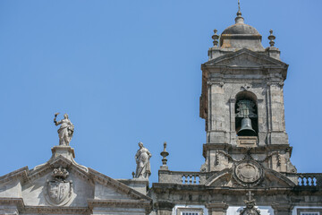 Detail of historic monument with clear blue sky, Porto, Portugal, copy space