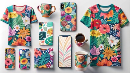 A colorful array of t-shirts, mugs, and phone cases displaying vibrant designs and patterns, showcasing the versatility of print-on-demand products on a white background.