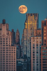 Obraz premium A full moon rising over a city skyline.