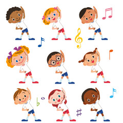 音楽に合わせて準備体操をする小学生