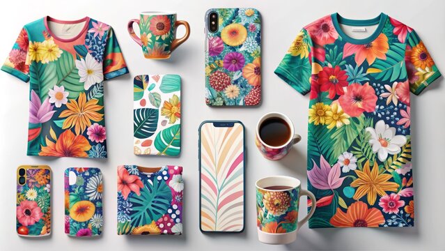 A colorful array of t-shirts, mugs, and phone cases displaying vibrant designs and patterns, showcasing the versatility of print-on-demand products on a white background.